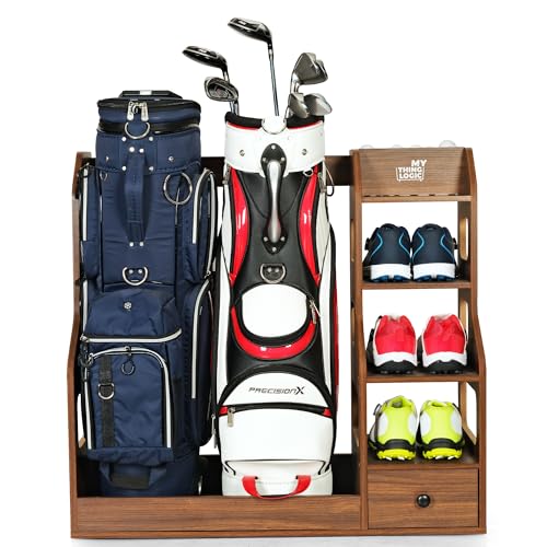 Mythinglogic Wooden Golf Bag Storage Rack, Golf Organizer with Shoe Shelves, Ball Holder & Drawer, MDF Golf Equipment Storage Cabinet for Home, Garage or Simulator Room - size: 2 golf bag rack-Brown