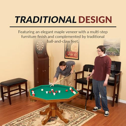 Hathaway Kingston 3 in 1 Octagon Poker Table, Dining & Bumper Pool Table for Game Rooms - Durable Hardwood, Sturdy Legs, Smooth Playfield - Includes Bumper Balls, Cues, Chalk, Brush - Oak