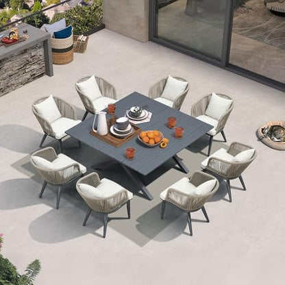 PURPLE LEAF 9 Pieces Outdoor Metal Furniture Set Patio Conversation Sets Dining Set, 1 Square Dining Table and 8 Modern Chairs with Cushions Seat Taupe - color: Taupe, size: 9 Pcs, style: Square