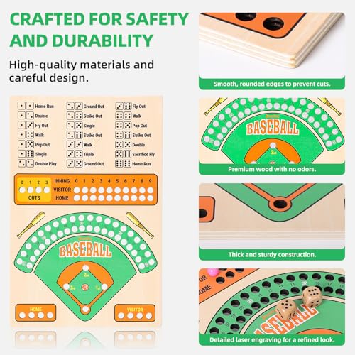 Jioustoy Baseball Board Game, Wooden Baseball Dice Game with Marbles, Baseball Travel Game and Indoor Table Game for Camping Family Gatherings, Baseball Gift for Teens Adults (Colourful Style)