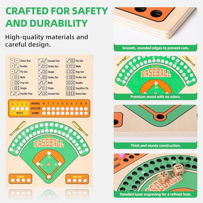 Jioustoy Baseball Board Game, Wooden Baseball Dice Game with Marbles, Baseball Travel Game and Indoor Table Game for Camping Family Gatherings, Baseball Gift for Teens Adults (Colourful Style)