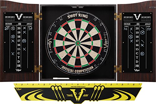 Viper Vault Cabinet & Shot King Sisal/Bristle Dartboard Ready-to-Play Bundle with Two Sets of Steel-Tip Darts, Throw Line, and Dry Erase Scoreboards, Walnut Finish - style: Standard Set