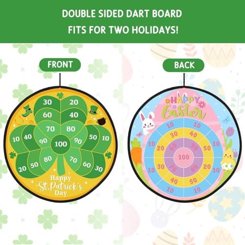 Percozzi St. Patrick Day Dart Board Game for Kids with Sticky Balls Shamrock Egg Themed Party Decorations Indoor Outdoor Double Sided Toss Game 28' for Boys Girls