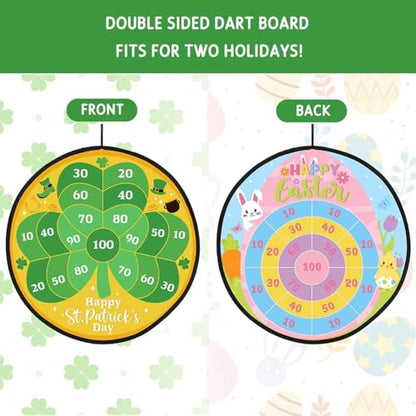 Percozzi St. Patrick Day Dart Board Game for Kids with Sticky Balls Shamrock Egg Themed Party Decorations Indoor Outdoor Double Sided Toss Game 28' for Boys Girls