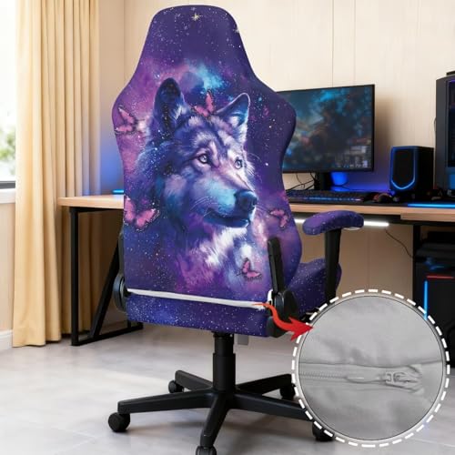 Suobstales Galaxy Wolf Butterfly Pattern Gaming Chair Cover, Stretchable Office Computer Chair Cover Ergonomic Cat Proof Protector with Armrests, Comfy Executive Rolling Chairs for Home Office - color: Galaxy Wolf Butterfly
