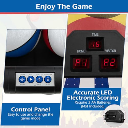 GYMAX Arcade Basketball Game Indoor Foldable with 8 Game Modes, Arcade Sound, 4 Balls and Inflation Pump, Electronic Basketball Games for Home - color: White+blue