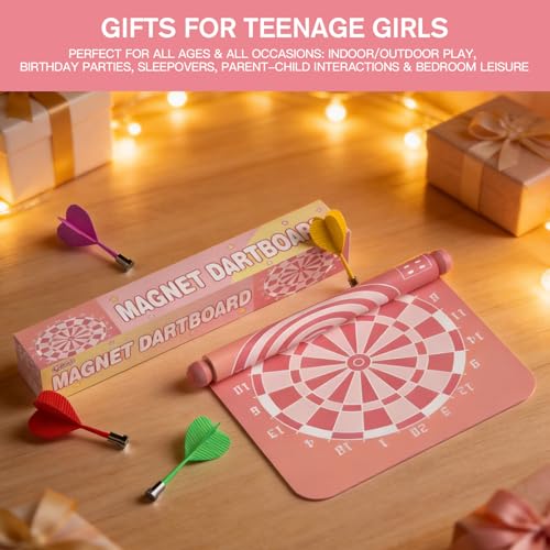 Gitus Pink Magnetic Dart Board Game for Teen Girls, 12 Soft Darts Kids Dart Set, Girls Room Wall Decor, Trendy Gift Ideas for 8-16 Year Old Teenage Girls, Safe Indoor Bedroom Play Toy