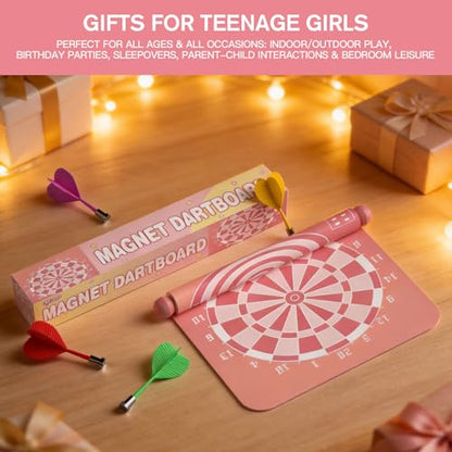 Gitus Pink Magnetic Dart Board Game for Teen Girls, 12 Soft Darts Kids Dart Set, Girls Room Wall Decor, Trendy Gift Ideas for 8-16 Year Old Teenage Girls, Safe Indoor Bedroom Play Toy