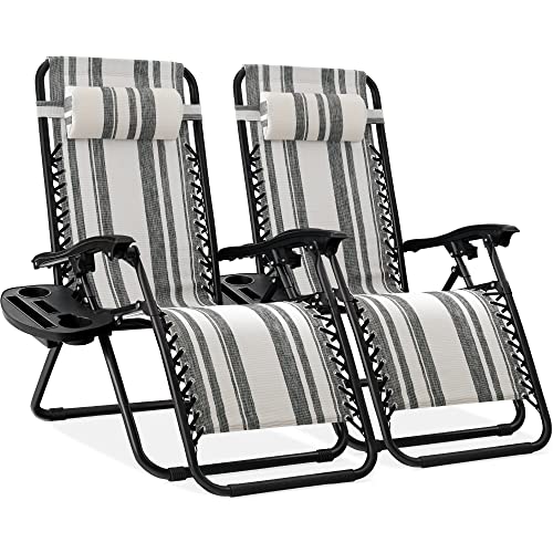 Best Choice Products Set of 2 Adjustable Steel Mesh Zero Gravity Lounge Chair Recliners w/Pillows and Cup Holder Trays - Gray Stripes - color: Gray Stripes, size: Standard