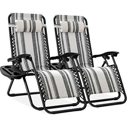 Best Choice Products Set of 2 Adjustable Steel Mesh Zero Gravity Lounge Chair Recliners w/Pillows and Cup Holder Trays - Gray Stripes - color: Gray Stripes, size: Standard