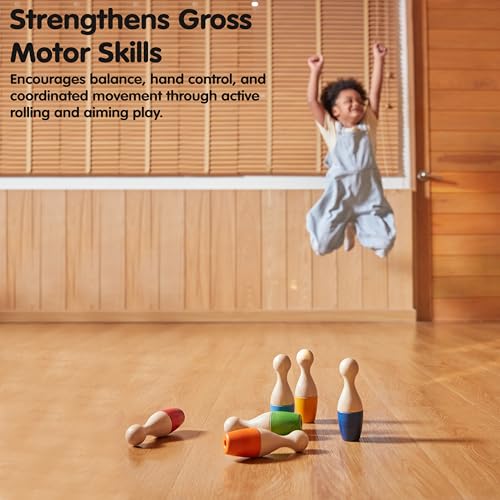 PlanToys® Bowling Set Wooden Montessori Gross Motor and Coordination Toy | Movement, Concentration and Early Math Learning Activity | Eco Friendly Indoor and Outdoor Bowling Game