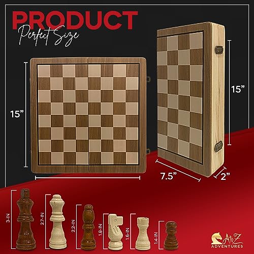 Magnetic Chess Set with Checkers - 15" (2 in 1) Folding Wooden Chess Sets for Adults & Kids with 2 Extra Queens | Travel Chess Board Game Set with Chess Pieces Storage Slots, Luxury Gift with Storage