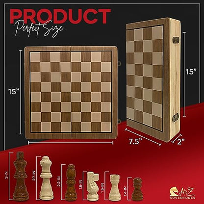 Magnetic Chess Set with Checkers - 15" (2 in 1) Folding Wooden Chess Sets for Adults & Kids with 2 Extra Queens | Travel Chess Board Game Set with Chess Pieces Storage Slots, Luxury Gift with Storage