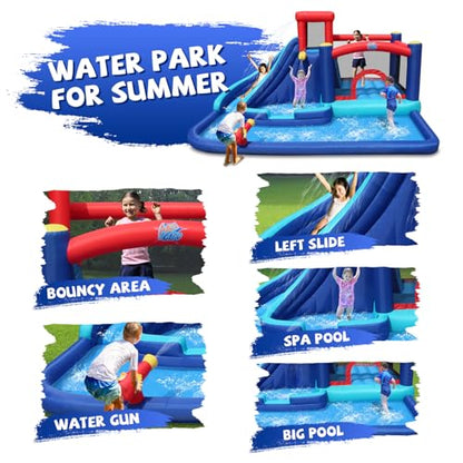Action Air Inflatable Water Slide for Kids, Backyard Water Park with Big Bouncy Area, Splash Pool, Long Slide, Water Cannon & Sprinkler, 193x138x91 Inch Outdoor Bouncy Castle for Summer Party Fun - color: All in One Bounce Park