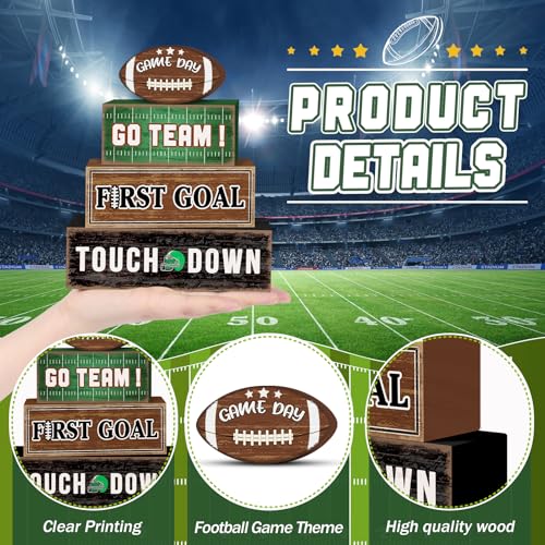 Britimes 4 Pcs Game Day Football Tiered Tray Decorations Set Touchdown Stack Block Signs Go Team First Goal Rustic Tabletop Decor for Table & Home Office (Game Day)