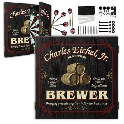 Personalized Dart Board Cabinet Set with 6 Steel Tip Darts, Paper Fibre Dartboard, Chalk & Eraser (21.5 x 21.5 x 2.75") - Occupational Man Cave Dart Boards for Adults - Brewer (424) - style: Brewer Dartboard & Cabinet Set