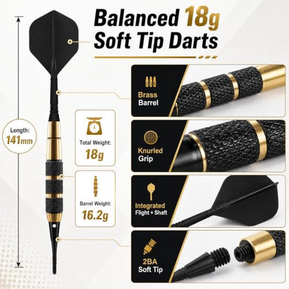 Soft Tip Darts Set 18g, 3 Pack with Brass Barrels and Case | 18g darts, brass barrels, integrated flights, 30 spare soft tips, travel case, for electronic dartboards