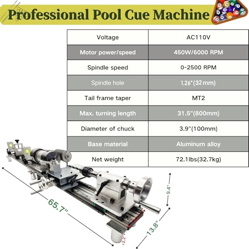 Professional Pool Cue Lathe Machine Billiard Cue Repair Machine Multi-Functional Cue Tip Repair Kit for Pool Stick Double Track Chuck 450W 110V