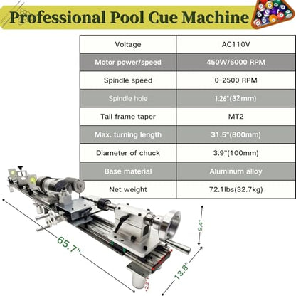 Professional Pool Cue Lathe Machine Billiard Cue Repair Machine Multi-Functional Cue Tip Repair Kit for Pool Stick Double Track Chuck 450W 110V