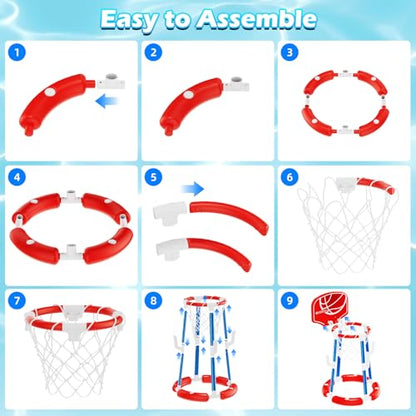 Pool Basketball Hoop with Backboard, Floating Pool Toys for 3-12 Years Old Kids Ring Game with 4 Balls 8 Rings & Pump Outdoor Swimming Pool Basketball Games Water Play Toy Family Party for Kids Adults - style: Red with Backboard