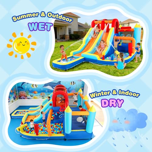 JOYLDIAS Inflatable Water Slide Park, Giant Bounce House with 450W Blower, Climbing Wall, Dual Basketball Hoops & Ring Toss Games - Outdoor Backyard Jumper for Kids Ages 3+ - color: 9 in 1