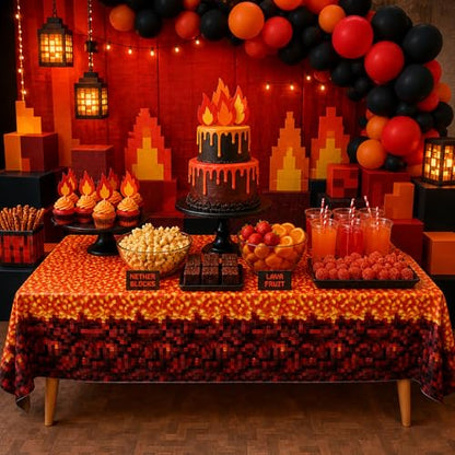 Blue Orchards Pixel Lava Tablecover (Pack of 3) 108" x 54" – Immersive Lava Themed Gaming Tablecloth, Accent and Backdrop, Gift Wrap, Lava Block Style Party Table Cover, Lava Rock Inspired - color: Pixel Lava (Pack of 3)