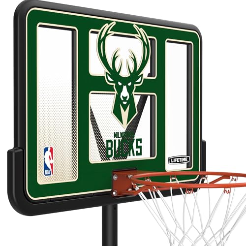 Lifetime NBA Milwaukee Bucks Portable Basketball Hoop, Adjustable Height 7.5-10 Ft, 44 Inch Shatterproof Fusion Backboard, Base with Wheels - color: Milwaukee Bucks