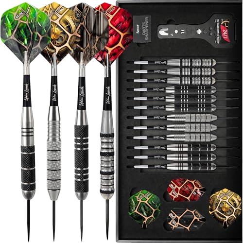 Steel Tip Darts, 12 Pack, 4 Weights, Multi-Zone Grips, Urban Legends | 1.4in TwinForce shafts, 32 GlideXPro flights, 12 flight protectors, sharpener, wrench, magnetic gift box, 10-yr warranty - color: Texas Bullseye