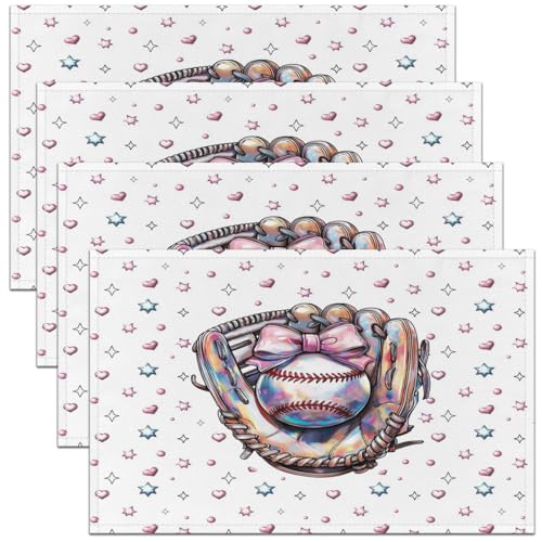 Baseball Kids Placemats Set of 4,Pink Bowknot Bow Tie Baseball Gloves Table Place Mats,Star Love Heart Ball Sport Game Kitchen Decor,Princess Pink Placemat Kitchen Table Decoration 12"x18" - color: Princess Pink