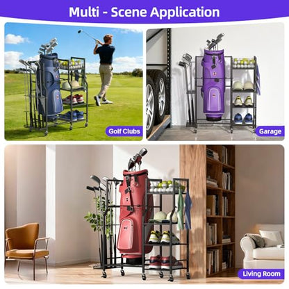 Golf Bag Stand Storage Rack with Wheels, Organizer for Golf Bags and Golf Equipment&Accessories,Ideal for Garage, Home, Golf Clubs