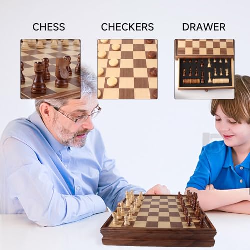 GSE Games & Sports Expert 15" Large Wooden 2-in-1 Chess & Checkers Board Game Combo Set with Drawer, Board Games Chess Checker Set for Kids & Adults