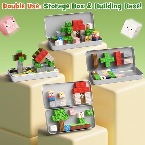Mini Magnetic Blocks Farm Animals Travel Toys, 35PCS Portable STEM Magnetic Building Cubes with Metal Storage Box for Kids Ages 4-8, Road Trip & Airplane Essentials - style: Farm Animals Magnetic Building Blocks Travel Set Toys - 35PCS