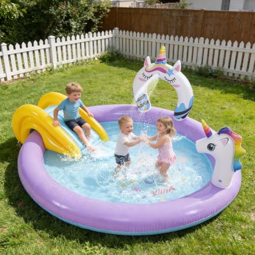 Unicorn Inflatable Swimming Pool with Water Slides, Inflatable Play Center Kiddie Pool with Water Sprayer Garden Outdoor Backyard - size: 76.8"