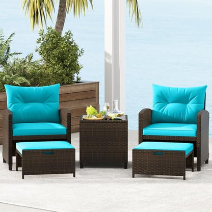 Tangkula 5 Pieces Patio Conversation Set, PE Wicker Outdoor Furniture Set with 2 Chairs, 2 Ottomans & Tempered Glass Coffee Table, Ideal for Poolside, Backyard, Lawn, Deck, Mix Brown & Turquoise - color: Mix Brown & Turquoise