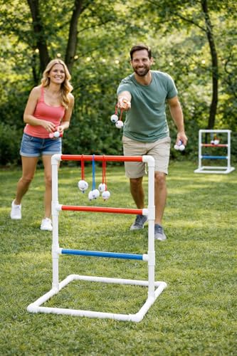 Premium Da Ladder Ball Set, Outdoor Lawn Toss with Real Golf Ball Bolas, PVC Frame, Carrying Bag, Red White and Blue, Made in USA