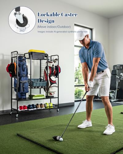 Mythinglogic Golf Bag Storage Rack with Wheels, Large Golf Organizer for Garage, Holds 2 Golf Bags, Golf Storage Stand with Shelves and Hooks for Shoes, Balls, Towels and Golf Accessories | large capacity, lockable casters, hold up to 2 golf bags