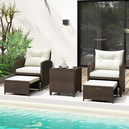 Tangkula 5 Pieces Patio Conversation Set, PE Wicker Outdoor Furniture Set with 2 Chairs, 2 Ottomans & Tempered Glass Coffee Table, Ideal for Poolside, Backyard, Lawn, Deck, Mix Brown & Off White - color: Mix Brown & Off White