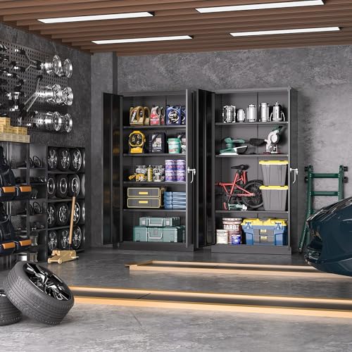 Greenvelly Storage Cabinet, 72” Black Garage Steel Locking Cabinet with Doors and 4 Adjustable Shelves, Tall Lockable File &Tool Cabinet for Home Office, Metal Classroom Cabinet Basement - color: Black, style: 72"H