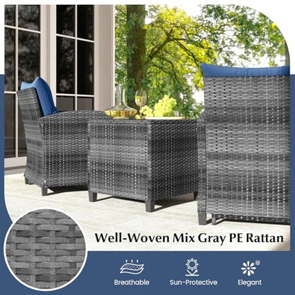 Tangkula 5 Pieces Patio Conversation Set, PE Wicker Rattan Outdoor Furniture Set with 2 Chairs, 2 Ottomans & Tempered Glass Coffee Table, Ideal for Poolside, Backyard, Lawn, Deck, Mix Grey & Navy - color: Mix Grey & Navy
