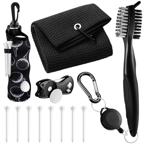 Liliful 12 Pcs Golf Accessories Kit, Include Golf Ball Bag with Hook Towel Tees Magnetic Ball Marker Divot Tool Cleaner Brush for Women Man Gifts - color: Black, style: Plain