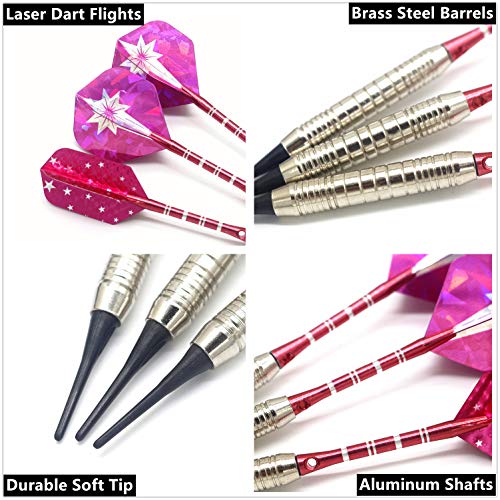 Soft Tip Darts Set for Electronic Dart Board 18/22g Plastic Tip Darts Set with Brass Barrels&Aluminum Shafts, 6 Flights 3 Spare Plastic Dart Shaft 20 Soft Tips Portable Case (18g-Silver&Pink)