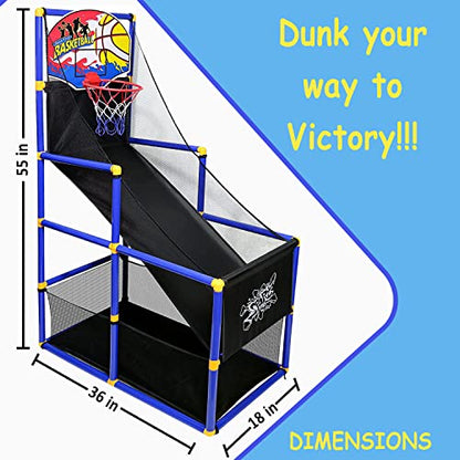 Kiddie Play Arcade Basketball Game Set for Kids 4 Balls and Hoop | Air Pump, Mesh Storage Basket, Indoor & Outdoors Sport Toys