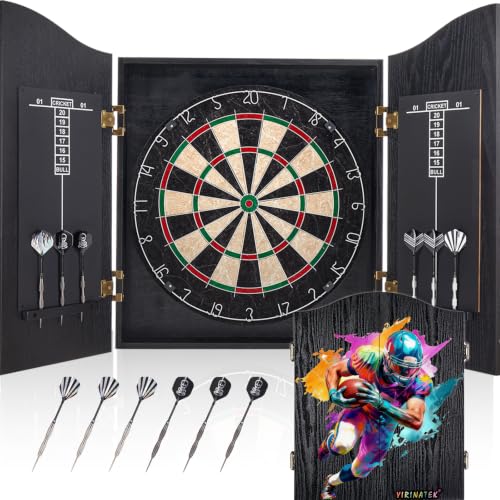 Sisal Dart Board Cabinet Sets, Decorative Dart Boards for Adults [6*Steel Darts] - Wooden Dartboard Cabinet with Integrated Scoreboard for Family Game Rooms - [FOOTBALL01]
