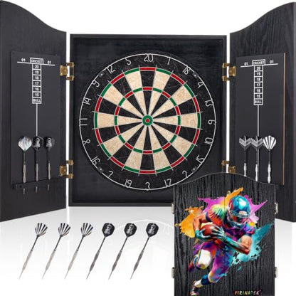 Sisal Dart Board Cabinet Sets, Decorative Dart Boards for Adults [6*Steel Darts] - Wooden Dartboard Cabinet with Integrated Scoreboard for Family Game Rooms - [FOOTBALL01]