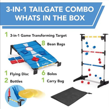3 in 1 Outdoor Game Combo Set, Bean Bag Toss & Ladderball & Bottle Smash Game, Foldable Portable Backyard Game Set