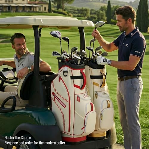 uniHimal Golf Cart Bag with 14-Way Full-Length Dividers, Premium PU Leather Golf Bag for Men Women with Plush Top, Magnetic Pocket and Rain Cover, Lightweight Golf Club Bag Includes Cooler Pockets - color: Beige Red