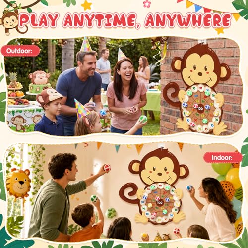 Seenelling Monkey Party Games 30 x 27 Monkey Dart Board with 12 Sticky Balls Toys Jungle Animal Games for Boys Kids Family Theme Birthday Zoo Forest Party Supplies Decorations Favors - size: 30 x 27", style: Monkey