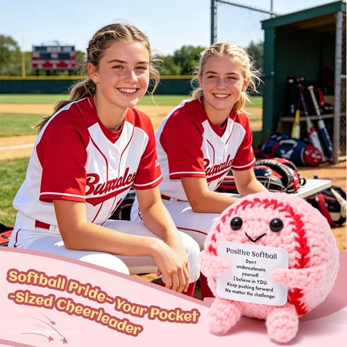 Mini Funny Positive Pink Softball Gifts for Girls, Knitted Wool Softball Crochet Toy with Positive Card, Cute Emotional Support Cheer Up Keepsake Gift for Kids Girls Women Friends Sister College - style: Softball