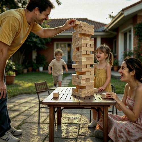 Jac & Mok Tumble Tower Game Set, Stacking Tower Game, Outdoor Games, Wooden Blocks Stacking Game - Includes Carry Bag (Natural, Jumbo-56pcs)