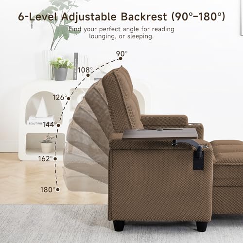 oaaktu Modern Tufted Linen Fabric Chaise Lounge Sofa Chair with Rotating Side Table,Storage,Pillow,USB Charging Ports and Adjustable Backrest Perfect for Living Room, Small Spaces (Coffee) - color: 12coffee